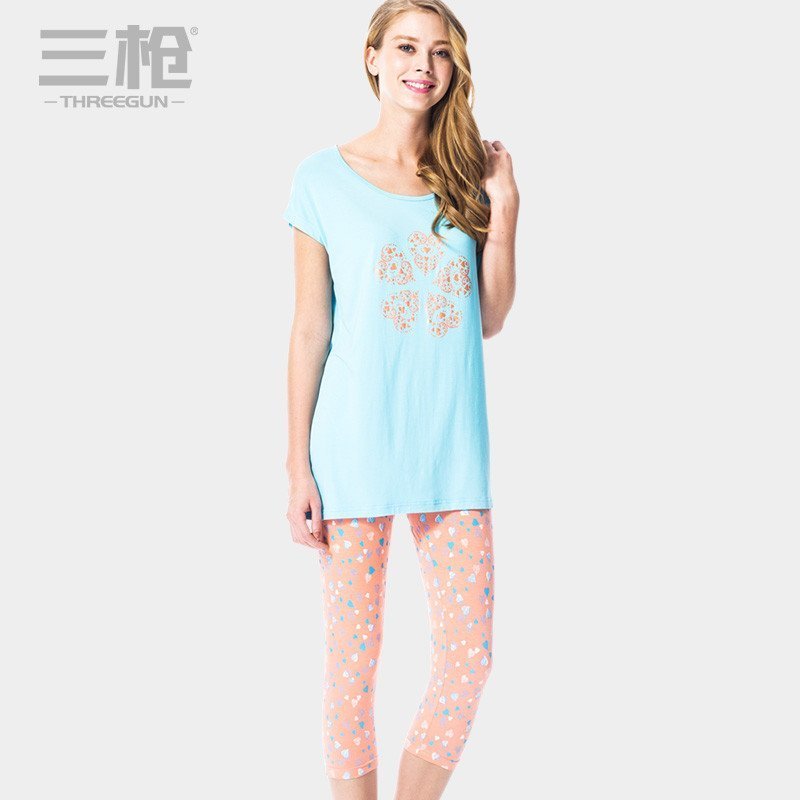 三枪家居服 春夏新品舒木尔圆领短袖中裤女士家居休闲套装 81094D0