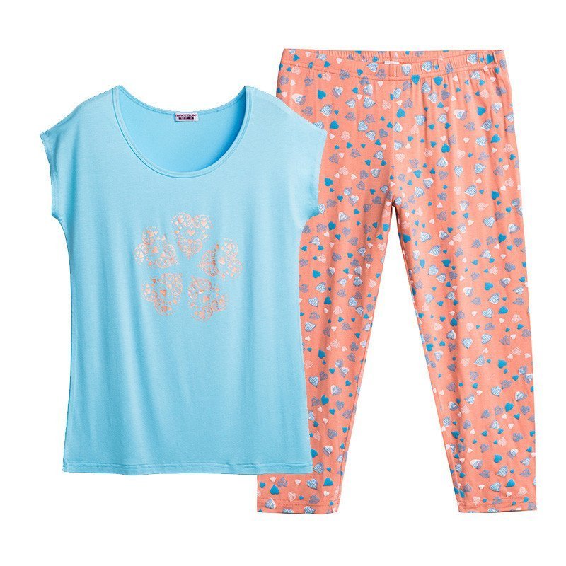 三枪家居服 春夏新品舒木尔圆领短袖中裤女士家居休闲套装 81094D0