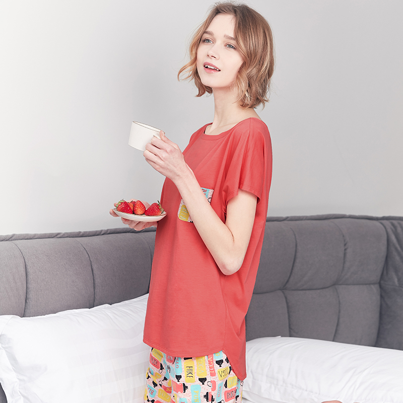 三枪睡衣女2018春夏新品纯棉圆领亦袖纽约设计印花全棉女家居套装
