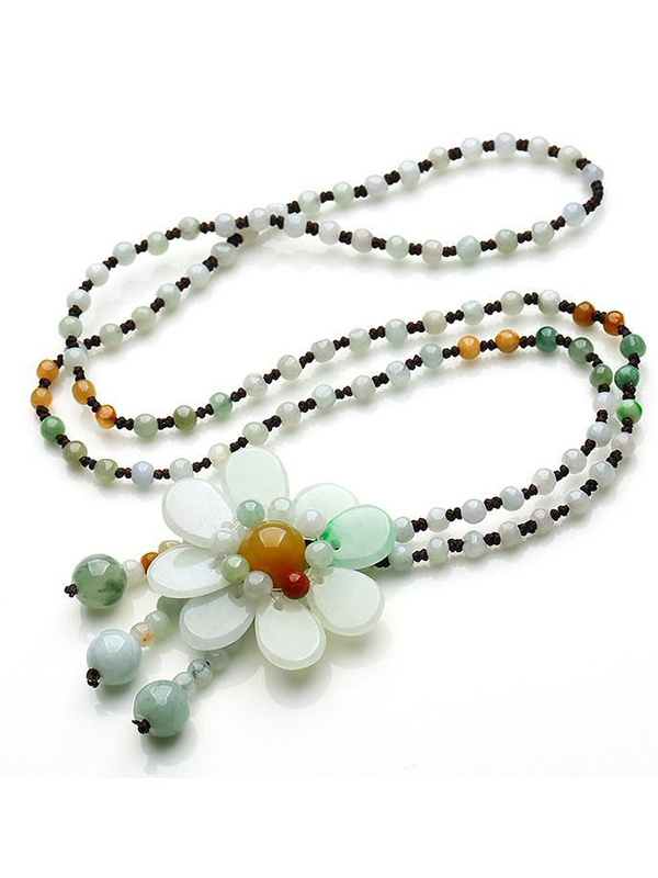 帛兰梓韵缅甸a货手工编织翡翠珠子项链太阳花吊坠民族风玉石饰品毛衣