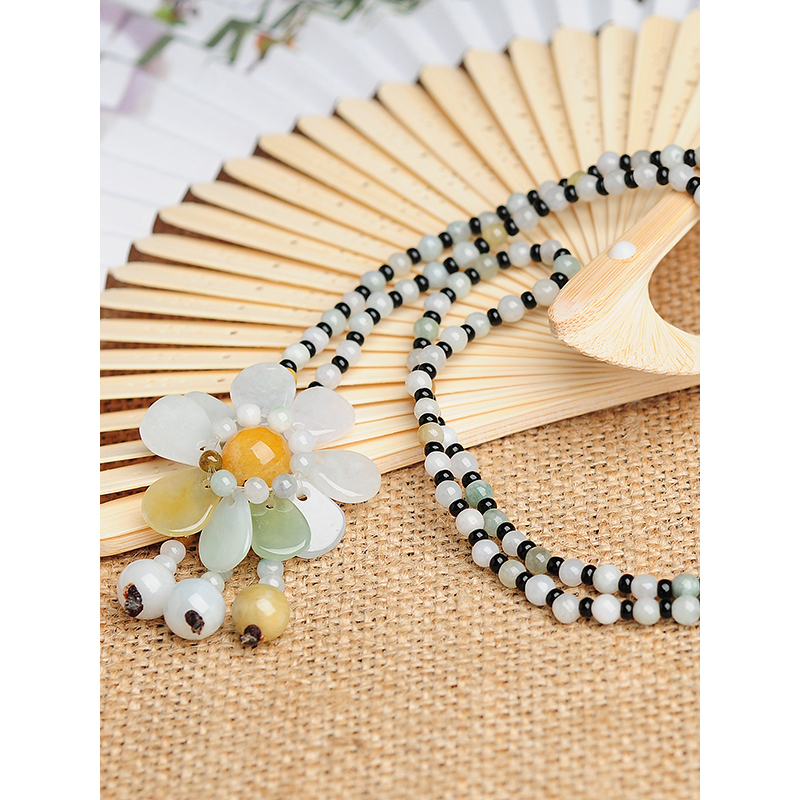 帛兰梓韵缅甸a货手工编织翡翠珠子项链太阳花吊坠民族风玉石饰品毛衣