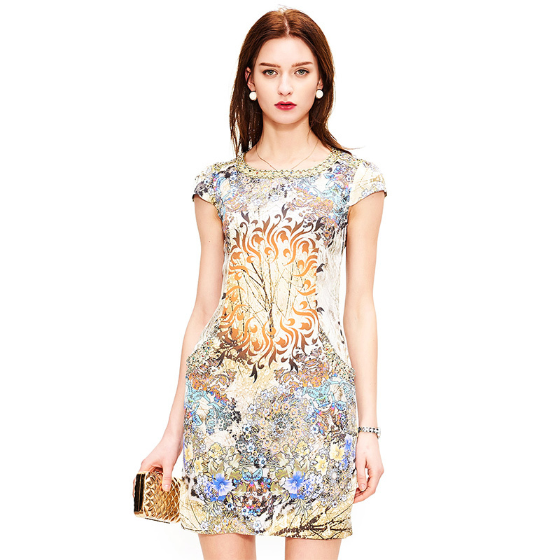 cendile优雅修身抽象印花桑蚕丝连衣裙