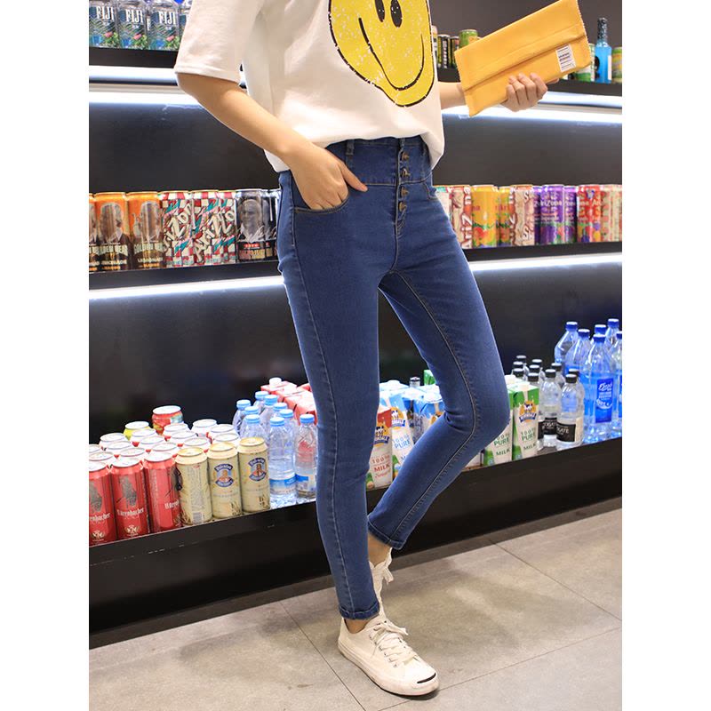 希娅牛仔裤女蓝色高腰显瘦小脚裤修身排扣学生铅笔长裤XD2014图片