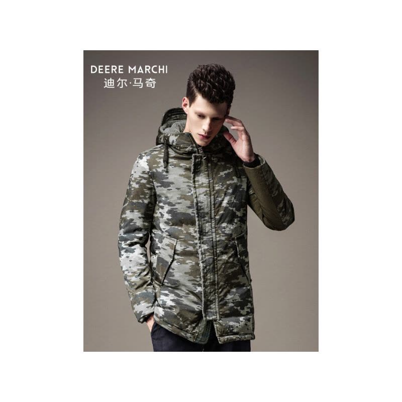 迪尔马奇冬装新款男士羽绒服迷彩连帽中长款保暖外套M13757绿色图片
