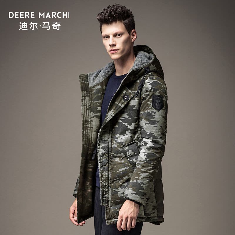 迪尔马奇冬装新款男士羽绒服迷彩连帽中长款保暖外套M13757绿色图片