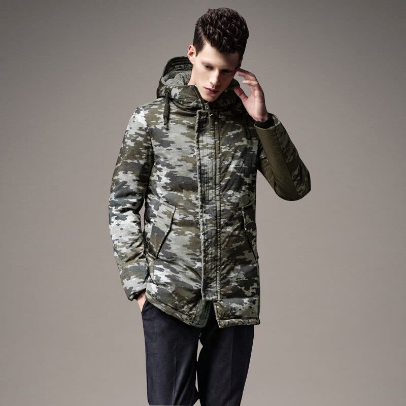 迪尔马奇冬装新款男士羽绒服迷彩连帽中长款保暖外套M13757绿色图片