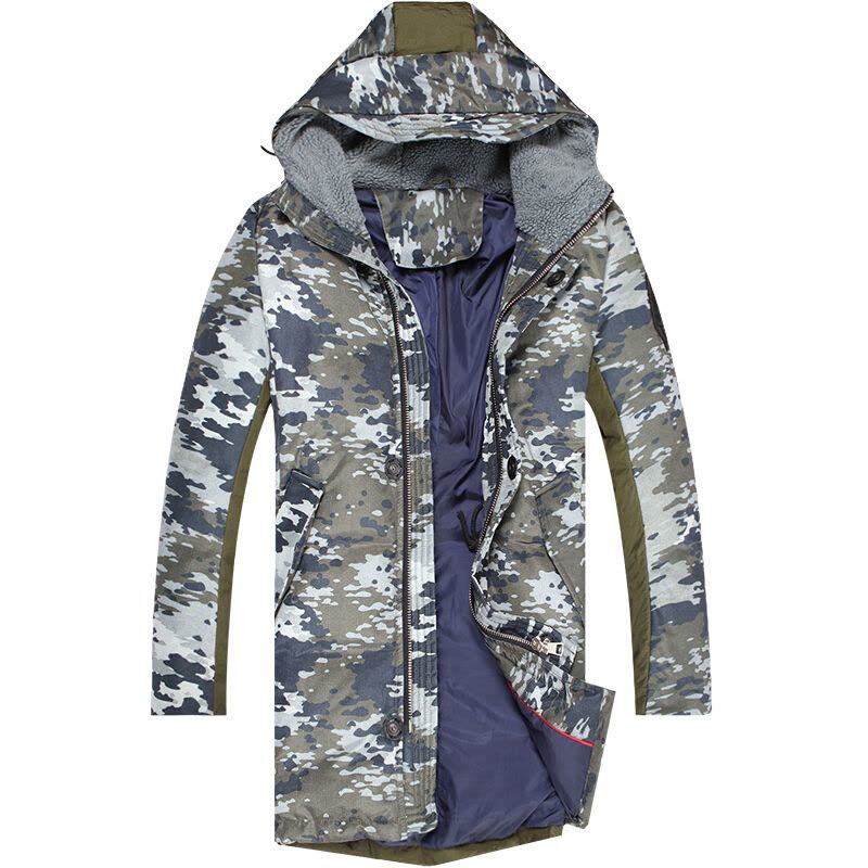 迪尔马奇冬装新款男士羽绒服迷彩连帽中长款保暖外套M13757绿色图片