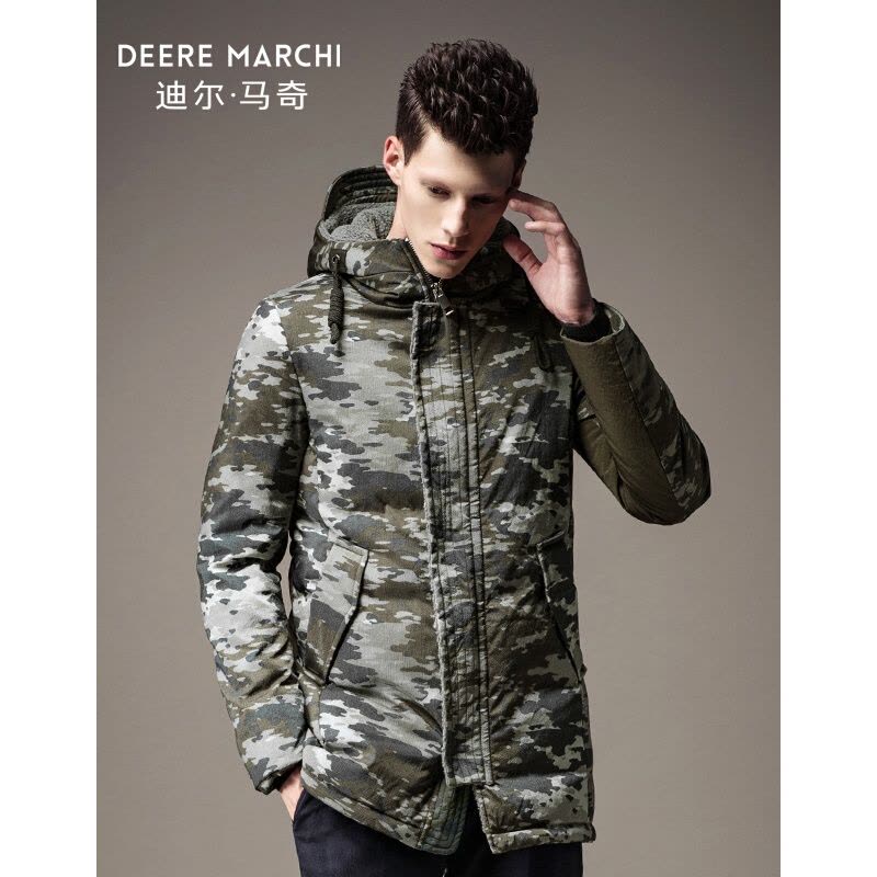 迪尔马奇冬装新款男士羽绒服迷彩连帽中长款保暖外套M13757绿色图片