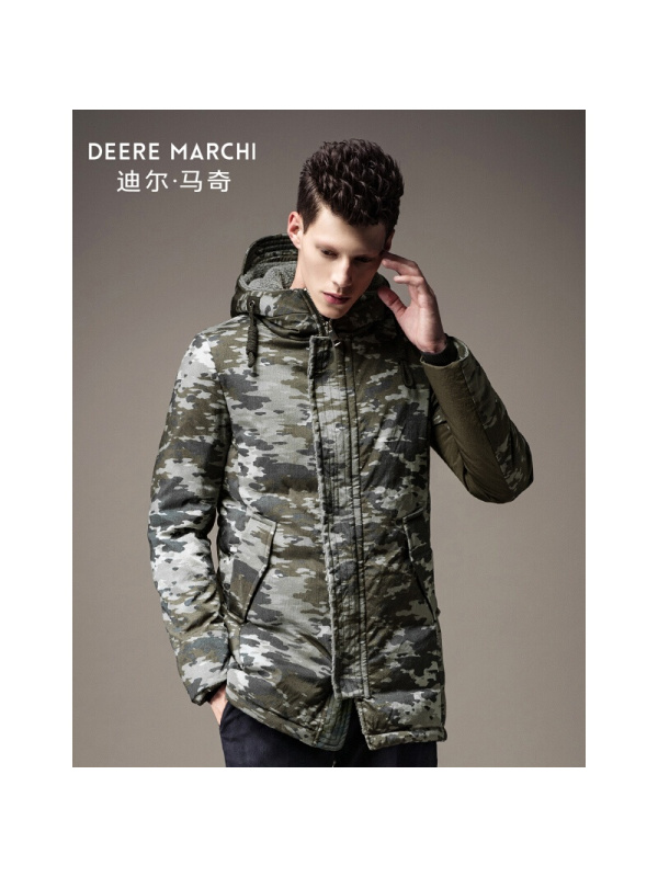 迪尔马奇冬装新款男士羽绒服迷彩连帽中长款保暖外套M13757绿色