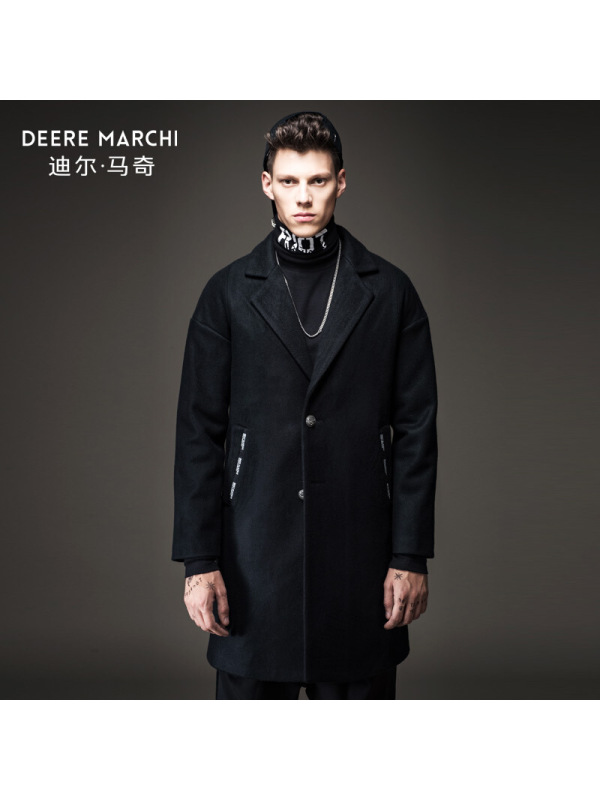 迪尔马奇冬装新款男士休闲毛呢大衣加厚中长款外套潮M15595黑色