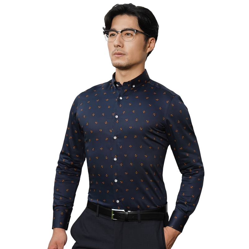 深海秋季男士衬衫男长袖衬衣印花翻领纯棉丝光棉修身韩版青年商务休闲