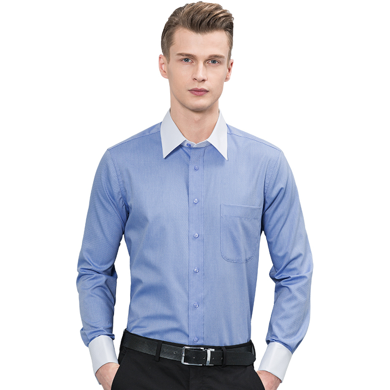 深海纯棉法式衬衫男长袖袖扣衬衣男士纯色免烫抗皱全棉修身商务休闲