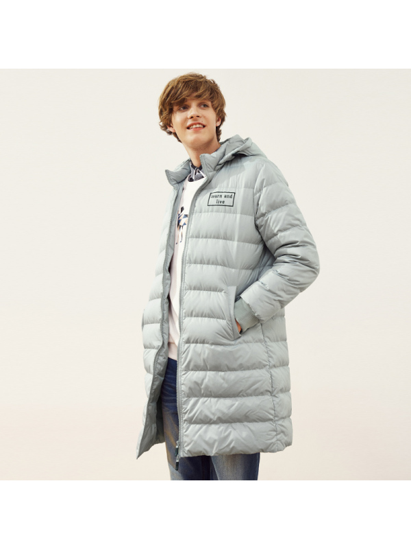 a21以纯线上品牌2017秋冬新品中长款连帽羽绒服男印花青年修身外套