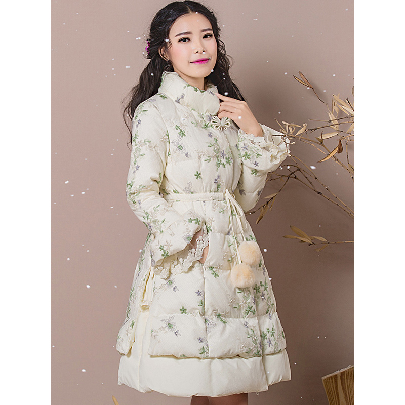 烟花烫2018冬季新女装修身绣花中长款羽绒服 香致29005401