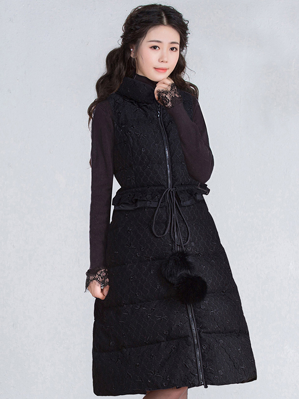 烟花烫2018冬新品女修身蕾丝纯色开衫中长款羽绒服马甲 云细3740850