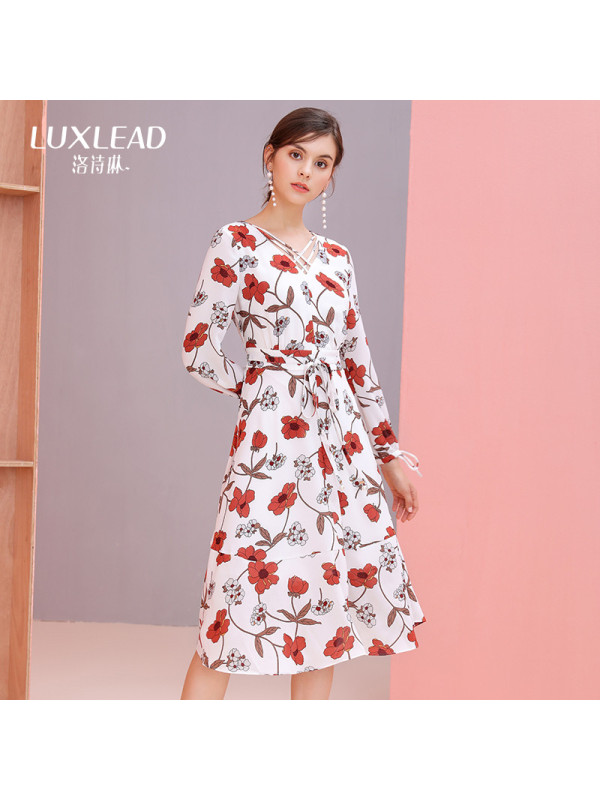 洛诗琳2017秋季新款浪漫田园印花长裙交叉V领长袖系带度假连衣裙LQDR772979