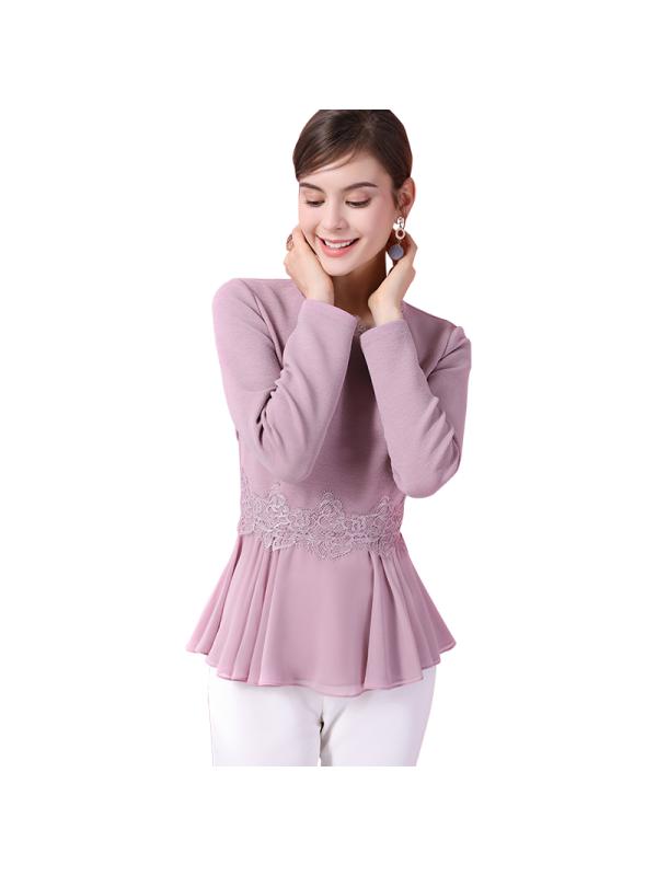 洛诗琳优雅荷叶边长袖圆领上衣修身通勤打底蕾丝衫2017秋冬新款女LDUN973529