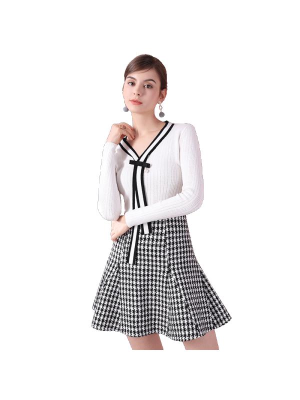 洛诗琳2017秋季新款女简约时尚优雅黑白千鸟格修身呢子A摆半身裙LDOV773020