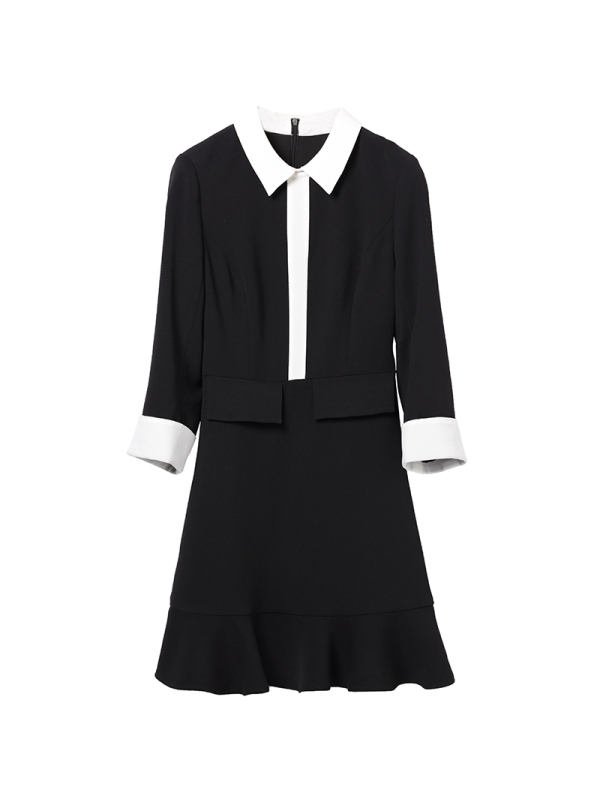 洛诗琳2017秋季新款女装荷叶袖V领中裙修身显瘦OL气质黑色连衣裙LQDR372623