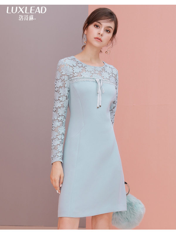 洛诗琳2017秋季新款女装长袖拼接水溶蕾丝中裙修身显瘦气质连衣裙LQDR572652