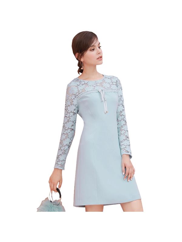 洛诗琳2017秋季新款女装长袖拼接水溶蕾丝中裙修身显瘦气质连衣裙LQDR572652