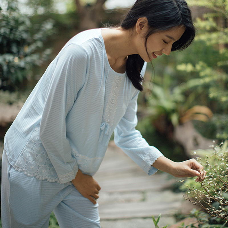 茵曼内衣 睡衣长袖春秋纯棉条纹休闲长裤家居服套装9871482044