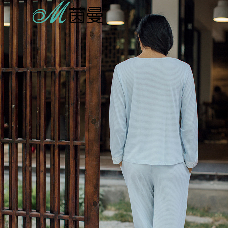 茵曼内衣 睡衣长袖春秋纯棉条纹休闲长裤家居服套装9871482044
