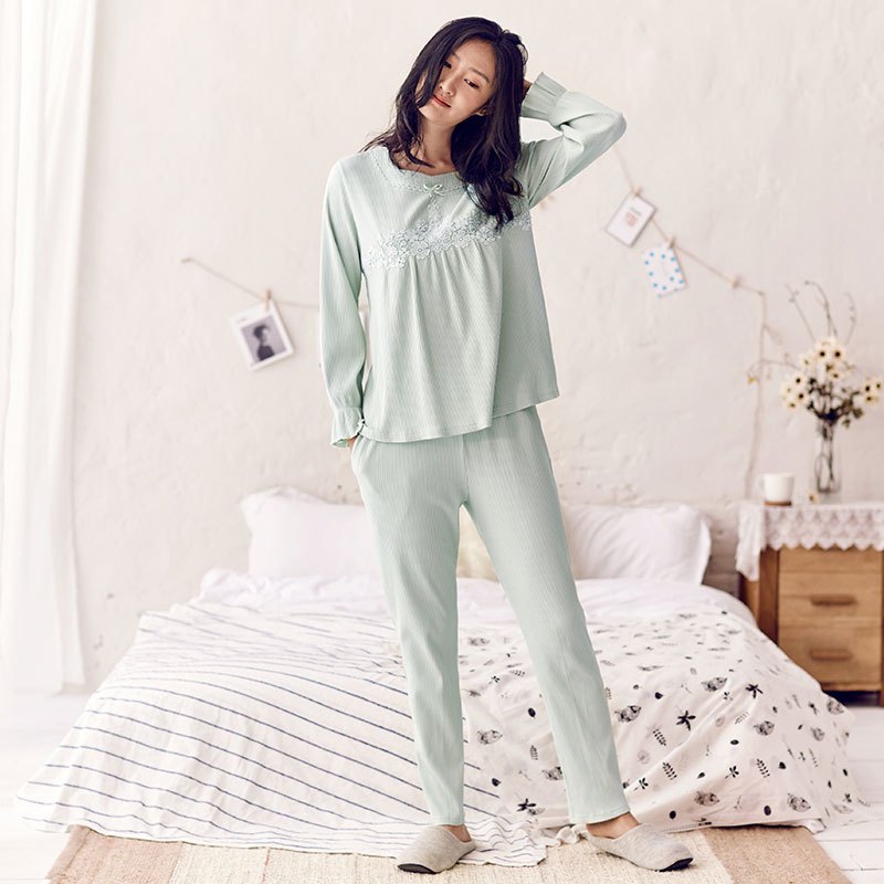 茵曼内衣 两件套甜美蕾丝 针织荷叶边直筒家居服套装 98734830408