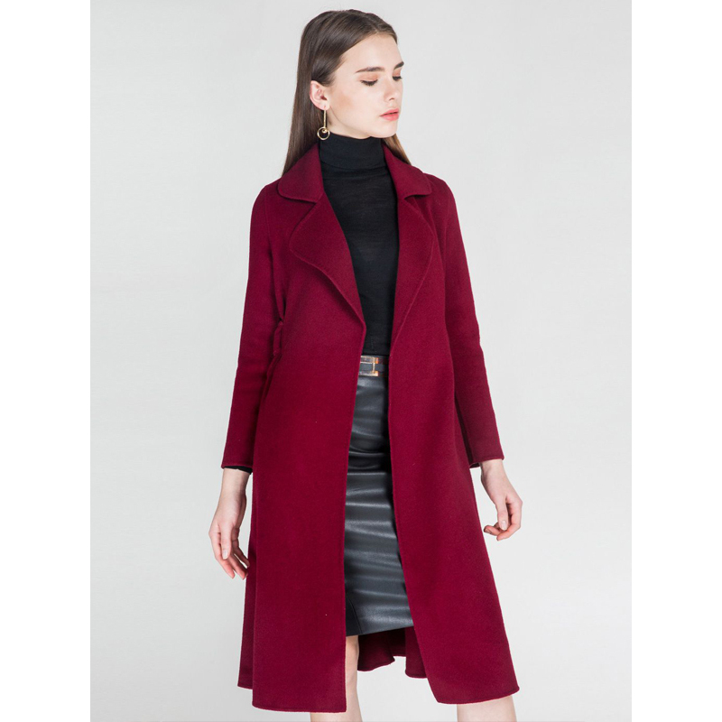 ad中长款系腰带双面羊毛大衣酒红色