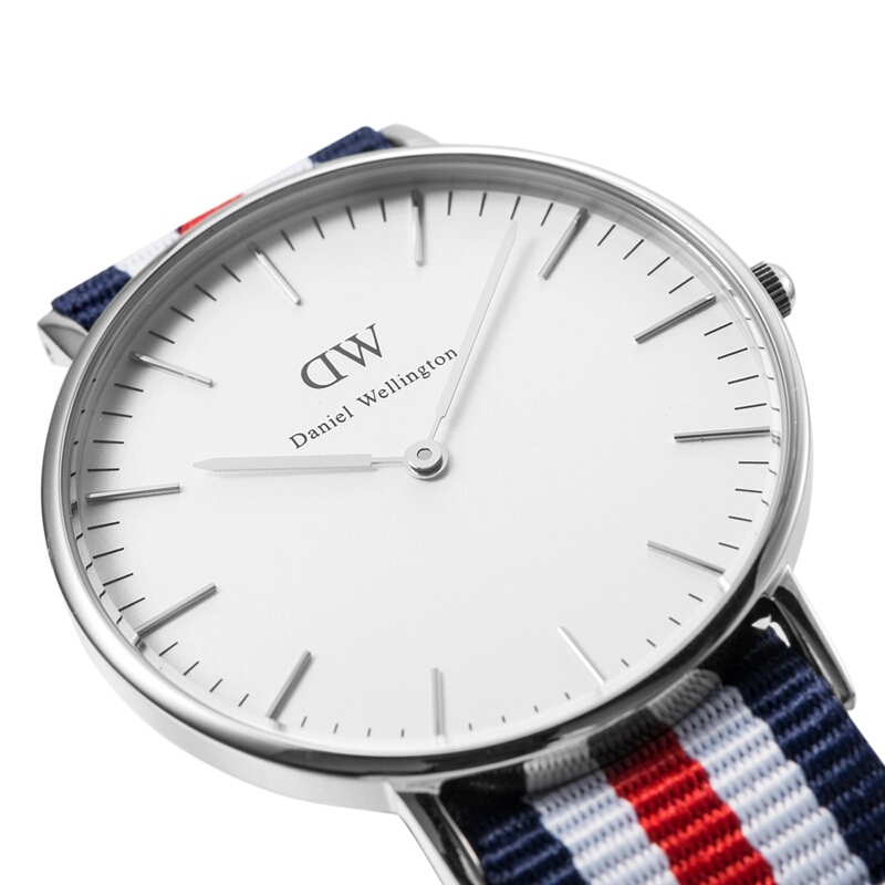 丹尼尔惠灵顿手表dw女表36mm银色边尼龙带超薄女士石英手表0606dw