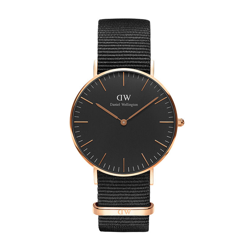 丹尼尔惠灵顿dw女表36mm黑表盘金色边尼龙带超薄女士石英手表dw