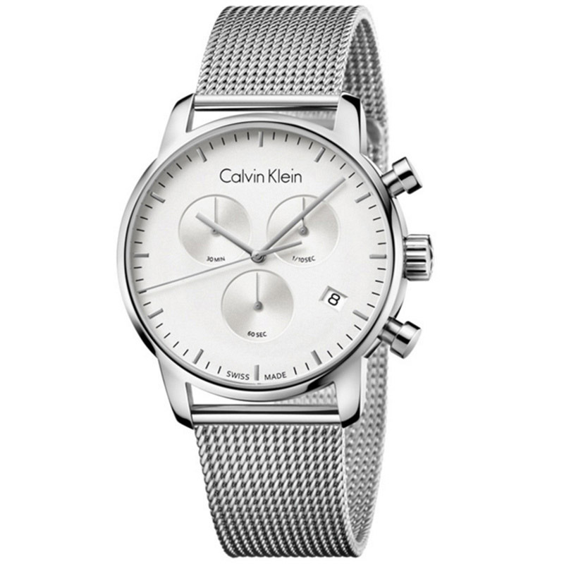 卡文克莱新款瑞士ck手表男士防水时尚编织表带石英表k2g27126银色
