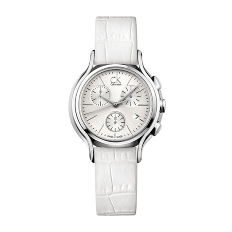 ck手表女士时尚石英表防水防刮女腕表日历皮带女表银色白盘k2u291l6