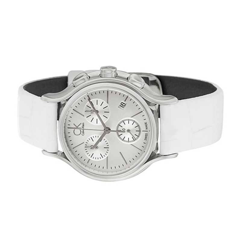 ck手表女士时尚石英表防水防刮女腕表日历皮带女表银色白盘k2u291l6