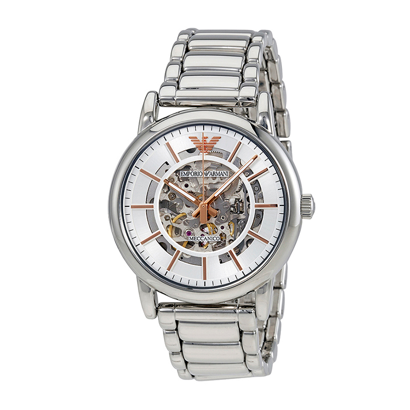 阿玛尼 男士手表全自动机械表镂空 新款机械表 男款ar1980 银色