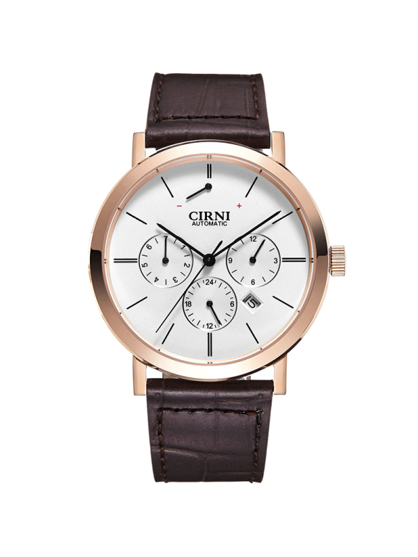 西亚尼手表全自动机械表防水时尚潮流男表镂空表男士腕表6042金白皮带