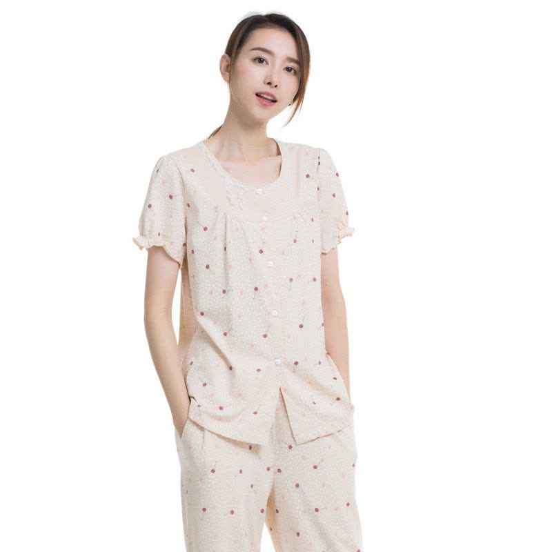 顶瓜瓜春季新品家居服女100%棉短袖套装 甜美蕾丝边居家服图片