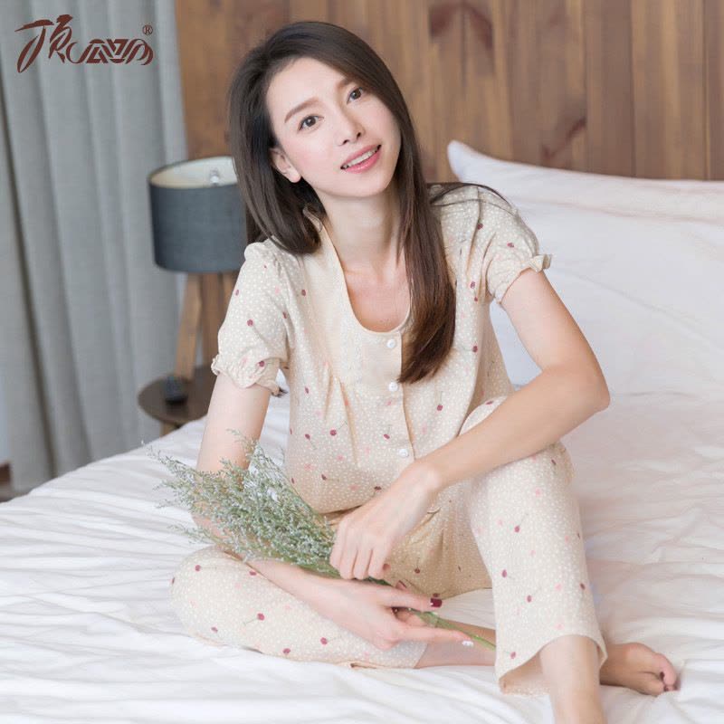 顶瓜瓜春季新品家居服女100%棉短袖套装 甜美蕾丝边居家服图片