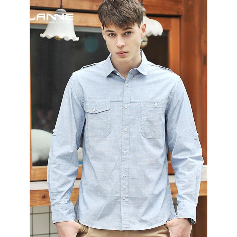 llanne男士春装全棉竹节挽袖长袖衬衫休闲修身男衬衣潮男英伦衬衣
