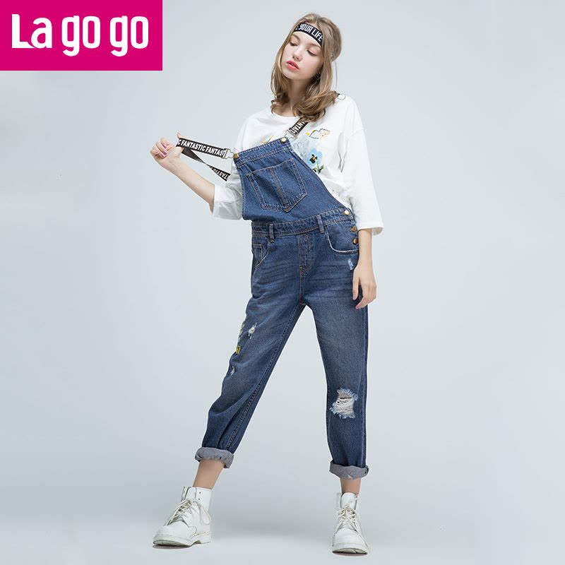 Lagogo2017秋新绣花时尚字母织带背带牛仔裤女破洞裤子长裤宽松 155/S/36 靛蓝色（N0图片