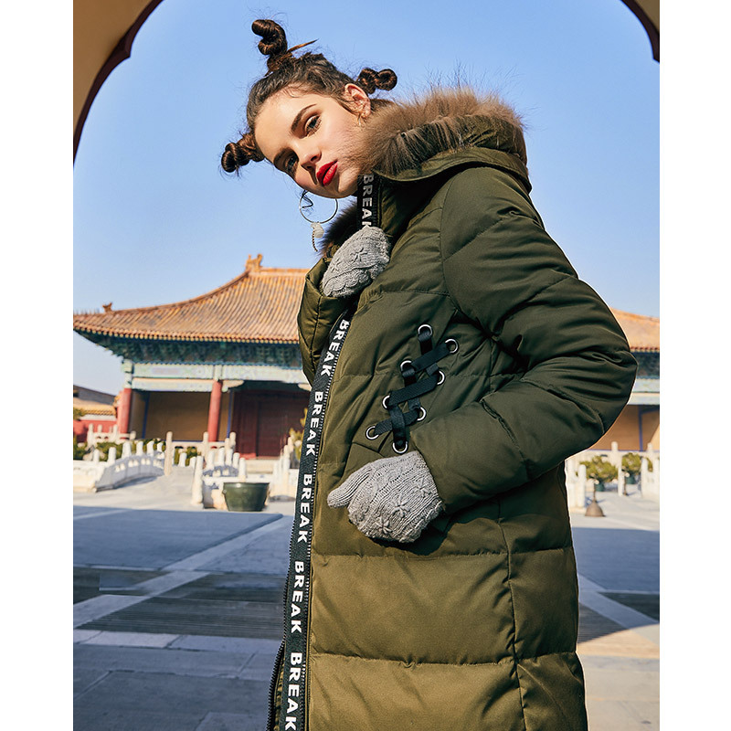 Lagogo2017冬款女装纯色连帽白鸭绒羽绒服外套女加厚过膝中长款 155/S/36 军绿色（L3