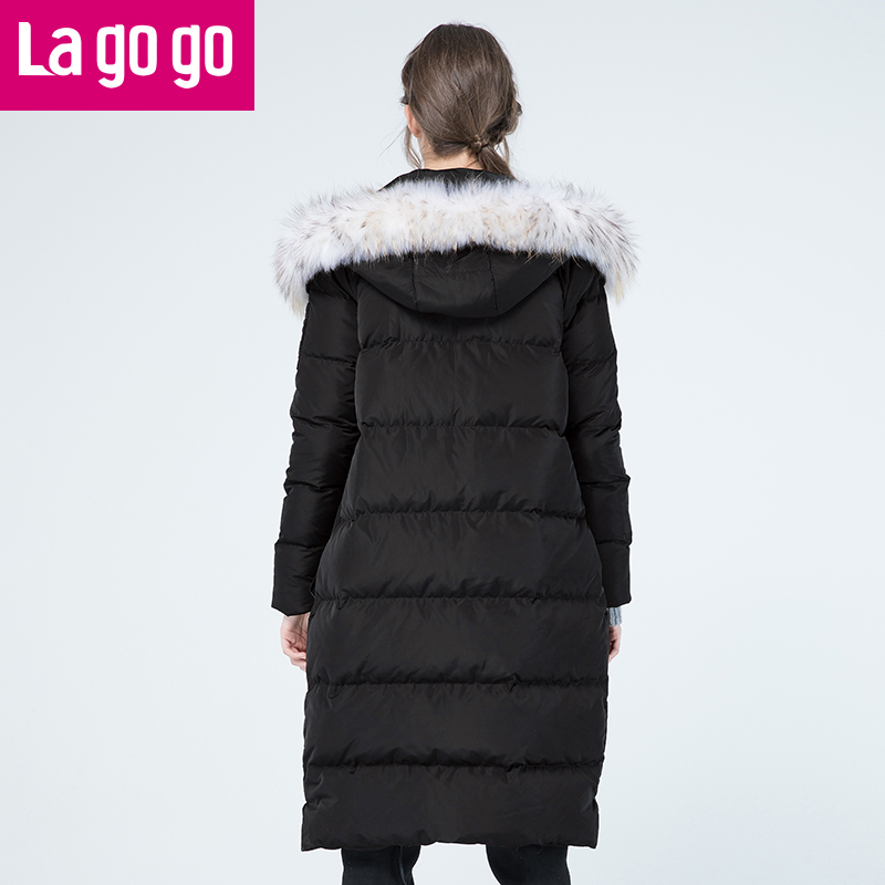 Lagogo2017年冬季款韩版黑色中长款大毛领保暖连帽长袖羽绒服女_1 155/S/36 黑色（W