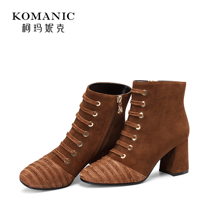 柯玛妮克 冬季新款高跟女靴 绒面羊猄皮粗跟靴刀割牛皮短靴女