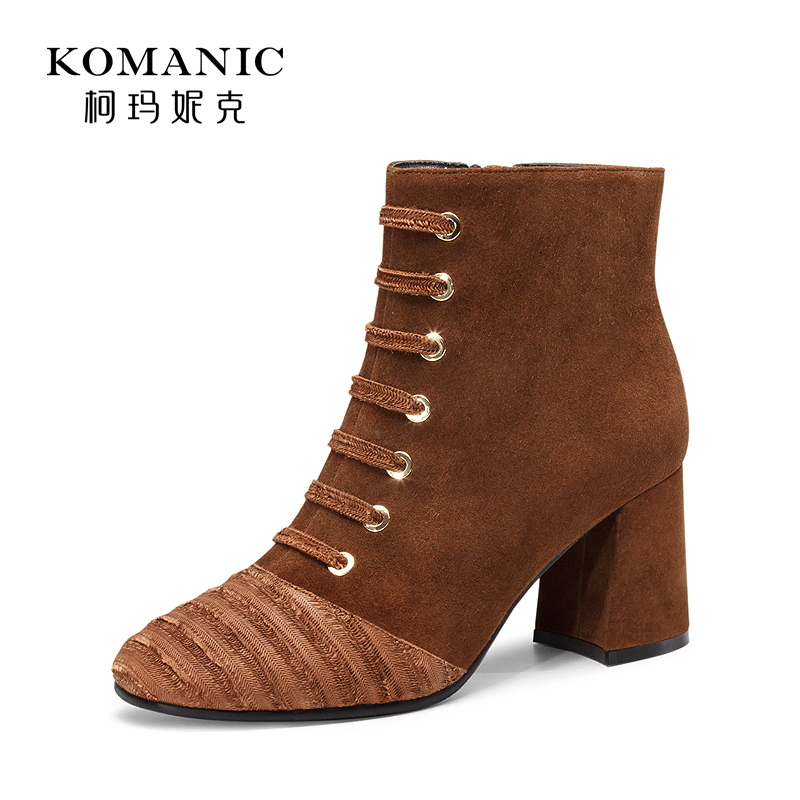 柯玛妮克 冬季新款高跟女靴 绒面羊猄皮粗跟靴刀割牛皮短靴女
