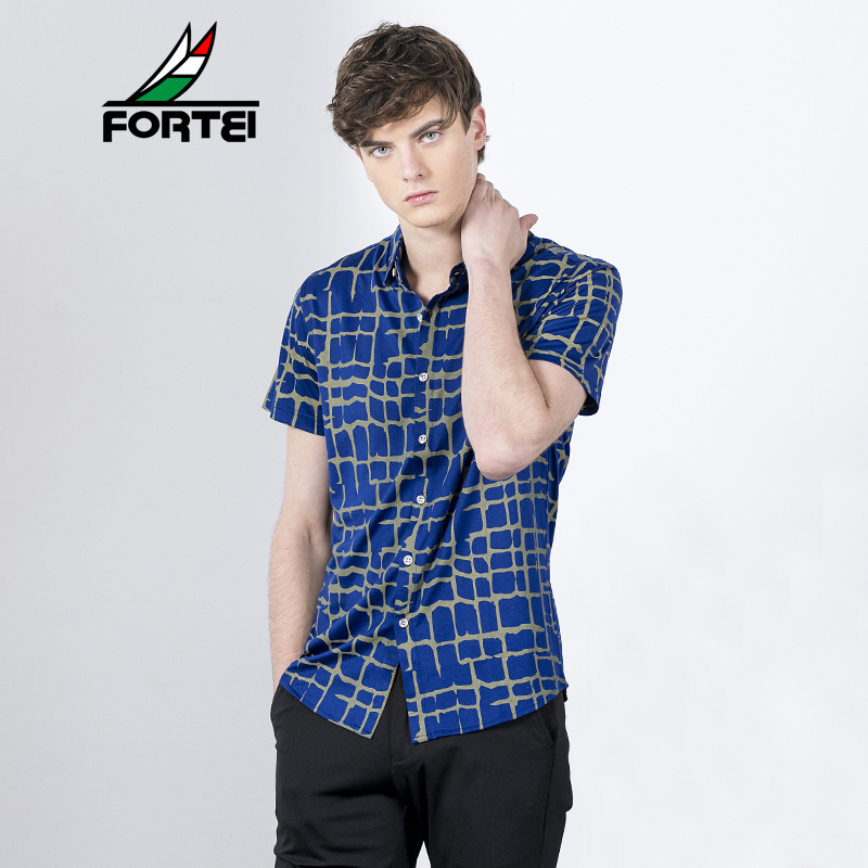 FORTEI富铤 短袖衬衫男士竹纤维时尚印花夏装