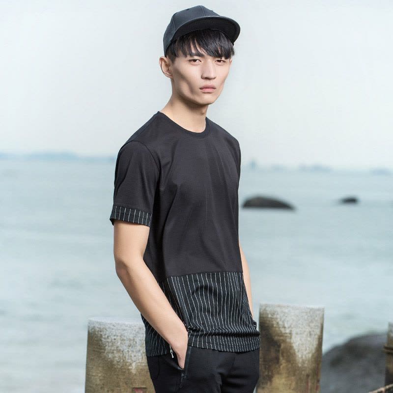 柒牌T恤男短袖圆领夏季青年男士个性条纹修身韩版体恤衫图片