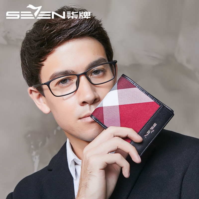 seven7/柒牌英伦格纹系列短款绅士钱包拼配头层牛皮钱夹帆布钱包111P90420