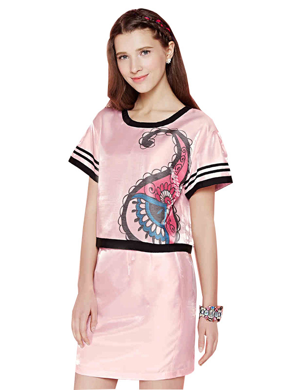 秋水伊人 夏装新款复古印花拼接包臀裙套装E144