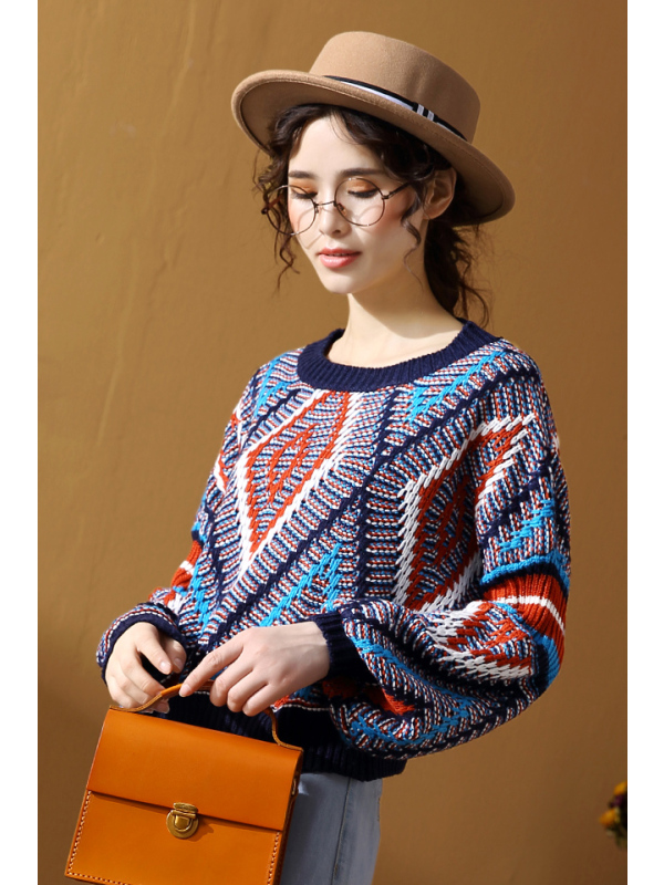 轩兹宽松毛衣女秋冬花色韩版学生显瘦长袖套头圆领粗毛线针织上衣