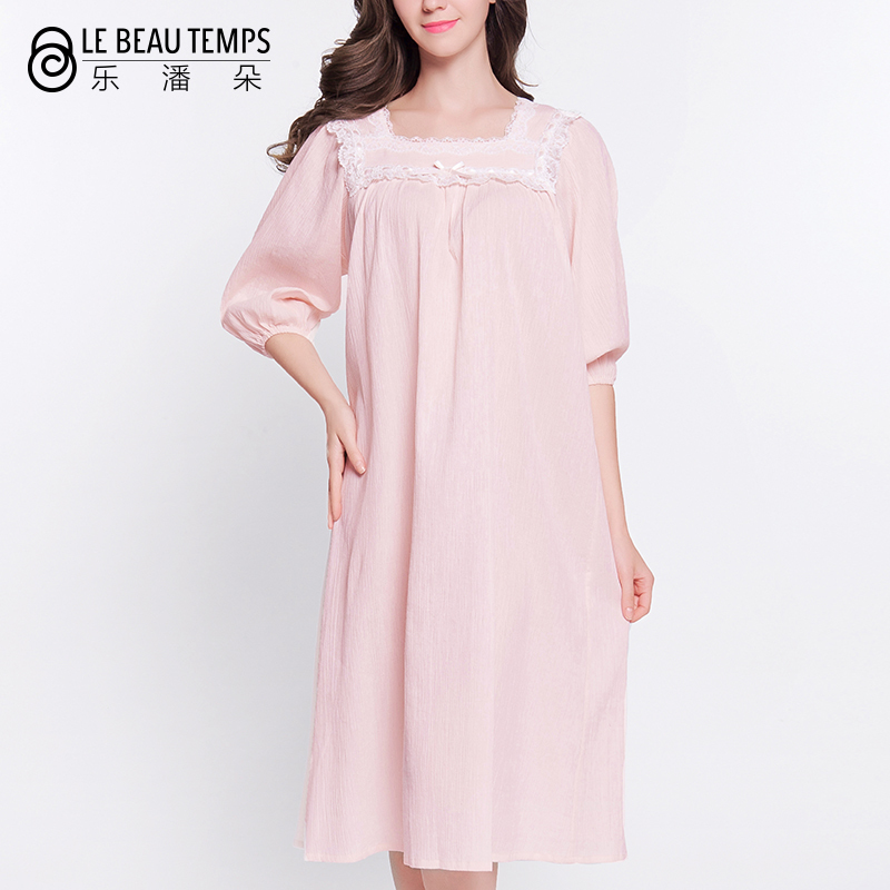 乐潘朵 纯棉蕾丝七分袖长款睡裙衣女韩版清新学生宽松家居服